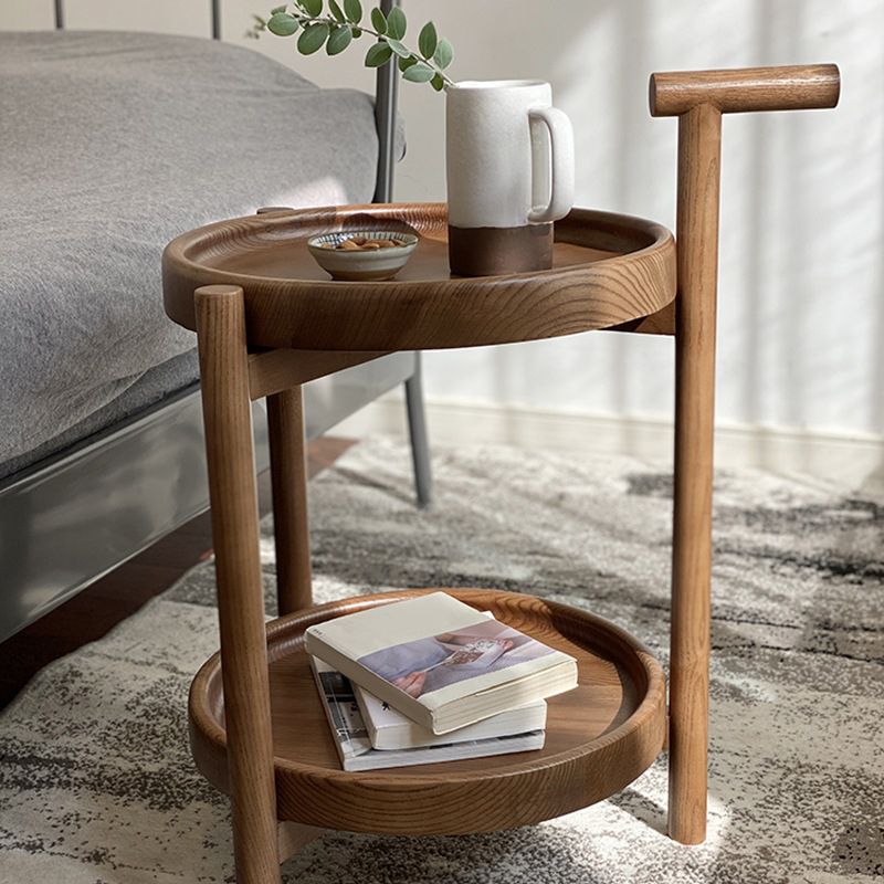 Scandinavian Round Tray Top Side Table 21.6-inch Wood End Table with Shelf and Wheel