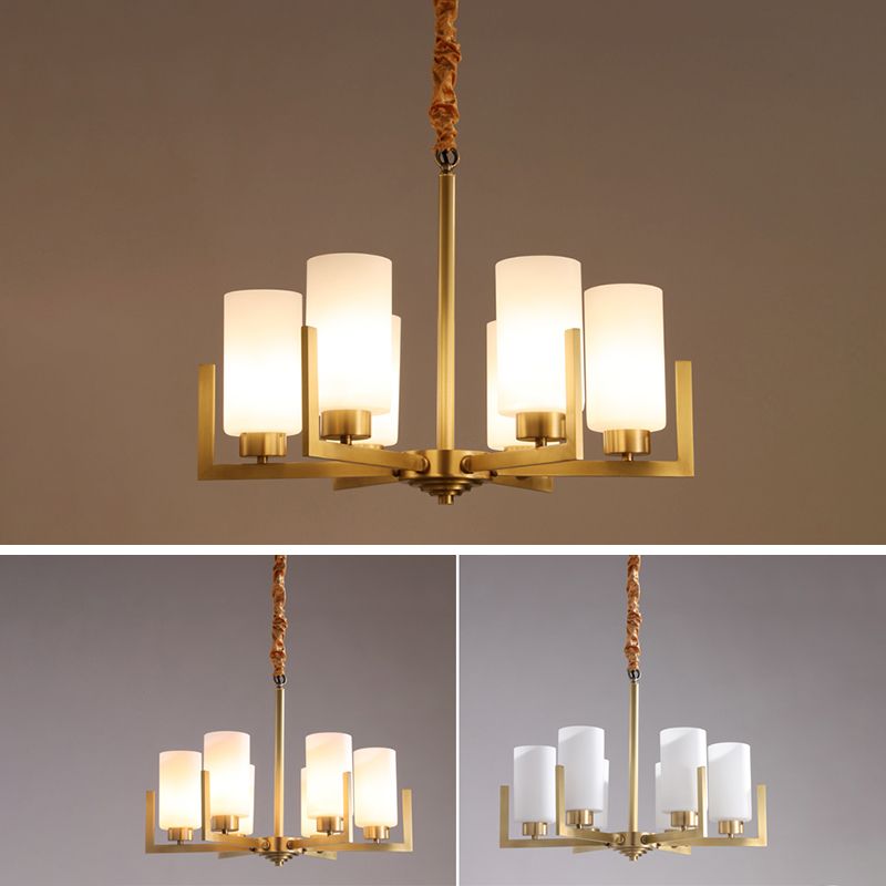 Cylindrical White Glass Shade Brass Chandelier American Style Simplicity Lighting Fixture for Living Room