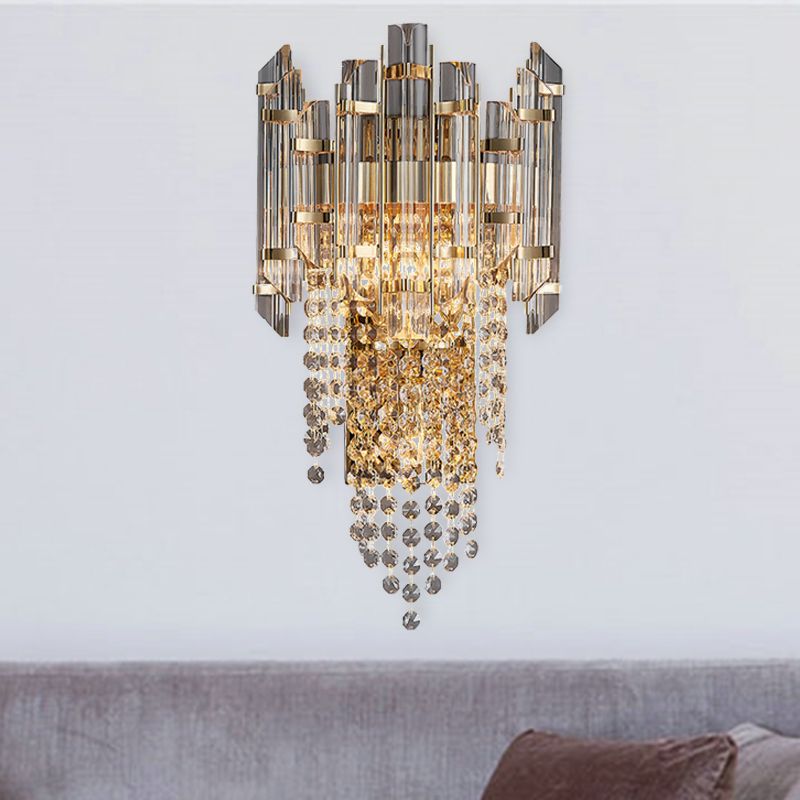 Beaded Wall Sconce Light Modern Crystal 2 Lights Smoke Grey Wall Mount Light for Living Room