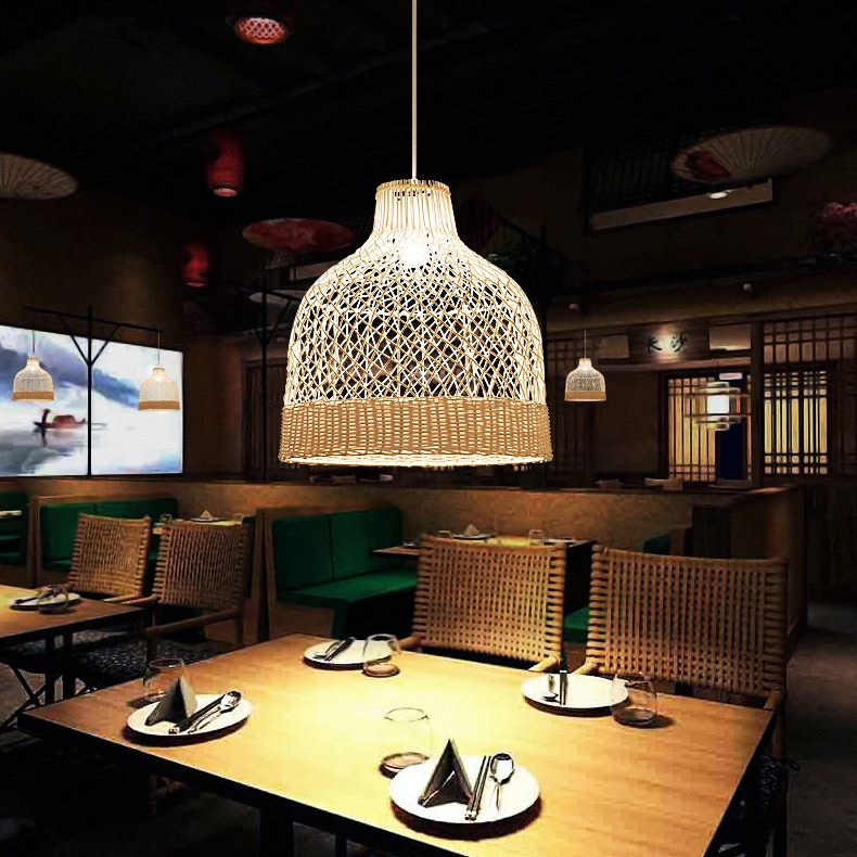 Handwoven Dome Pendant Light Fixture Chinese Rattan Fiber Single Bulb Ceiling Light for Dining Table