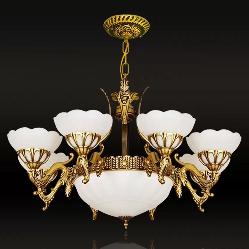Messing 9 lichten hangende lichtkit traditionele melkglas geschulpte kroonluchter voor woonkamer