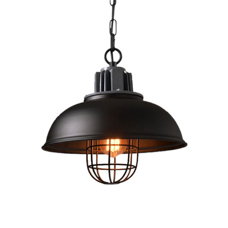 Luce a ciondolo a 1 bulbo bianco/nero Factory Iron Iron Bowl Spepense Lampada sospensione con cornice a gabbia di filo