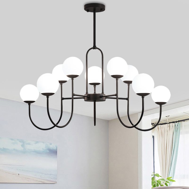 Arced Arm Iron Chandelier Light Fixture Modern 6/9-Head Black Finish Pendulum Lamp with Sphere Milk White Glass Shade