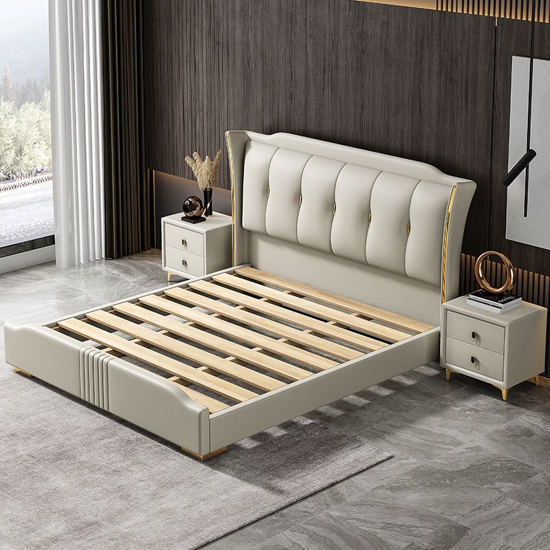 84.65 inch Wide Victorian Wingback Bed Pine Wood Bed with Upholstered Headboard