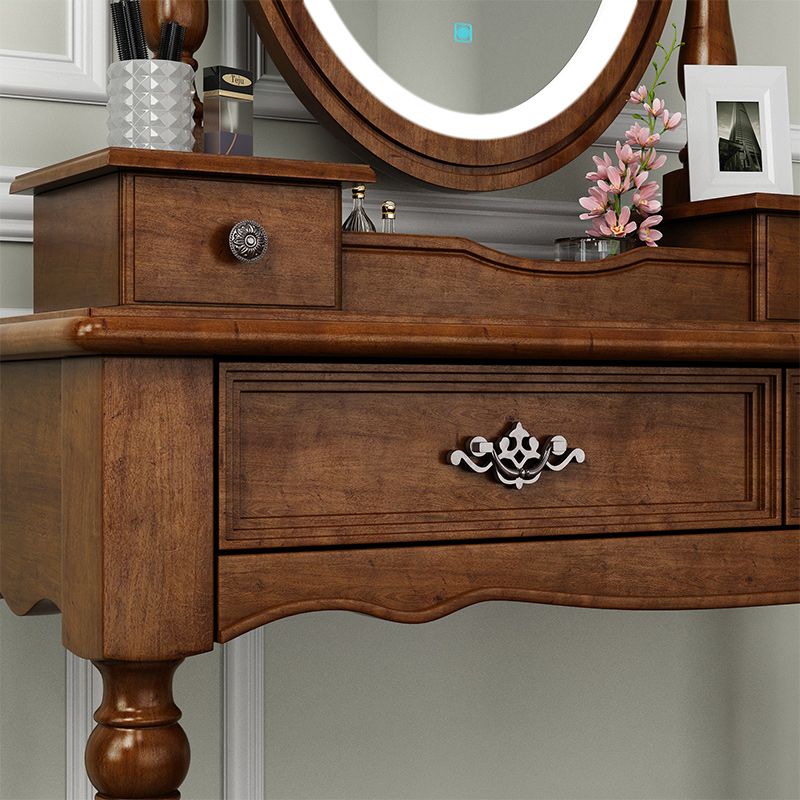 Brown Solid Wood Makeup Vanity with Drawers and Mirror Dressing Table