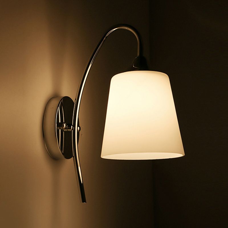 Bell Milk Glass Sconce Light Modernist 1 Light Chrome Wall Mounted Lamp with Curved Arm