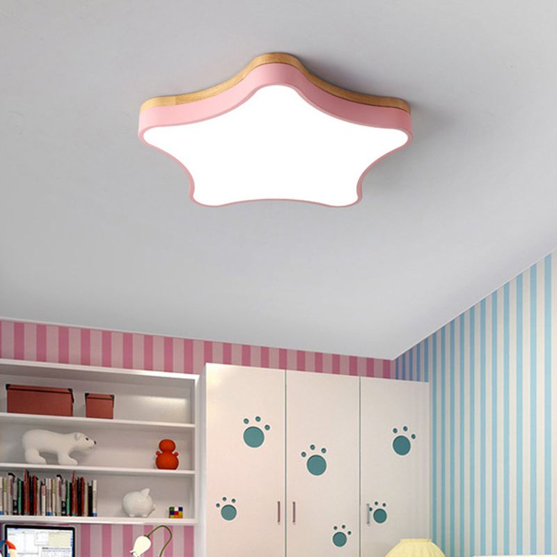 Star Girls Bedroom Flush Ceiling Light Acrylic LED Contemporary with Wood Backplate