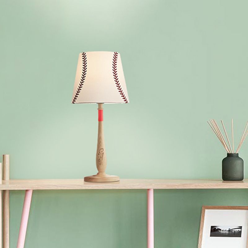 Conical Fabric Table Light Modernism 1-Light Brown/Wood Nightstand Lamp with Baseball Design