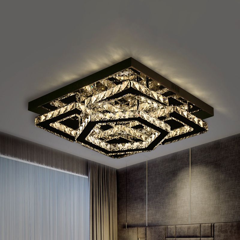 Salle du coucher à la base de la chambre à coucher semi-lampe à plafond chromée simple avec hexagone et ombre en cristal carré en lumière chaude / blanche