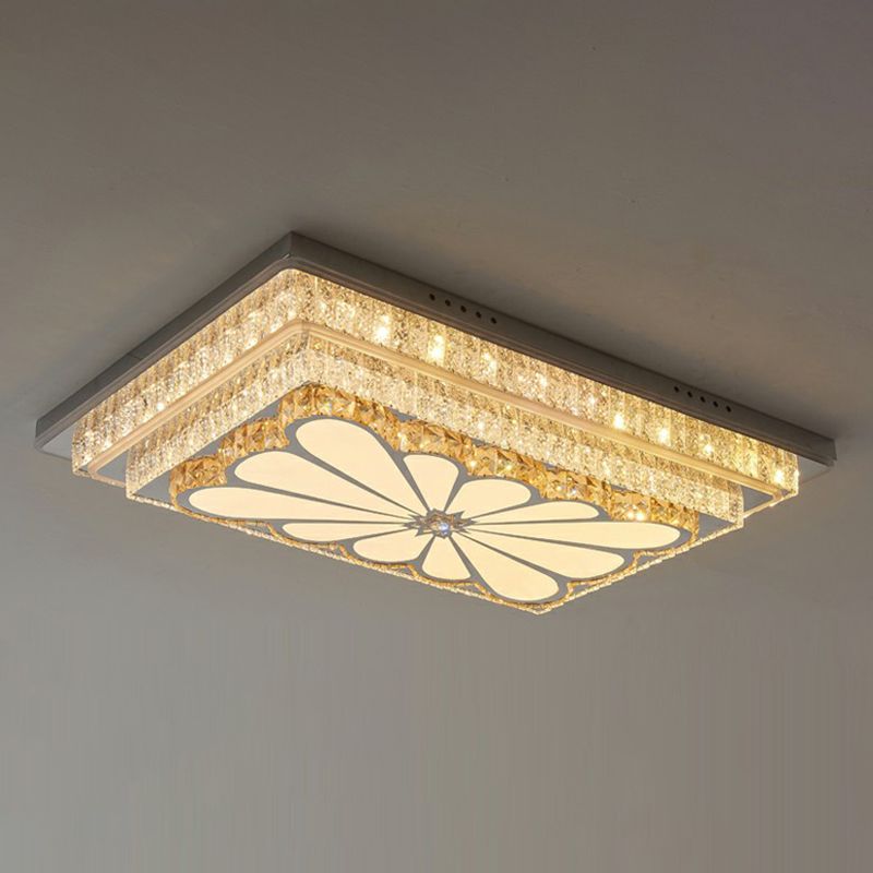 Contemporary Rectangle LED Flush Mount K9 Crystal Living Room Ceiling Light Fixture in Clear