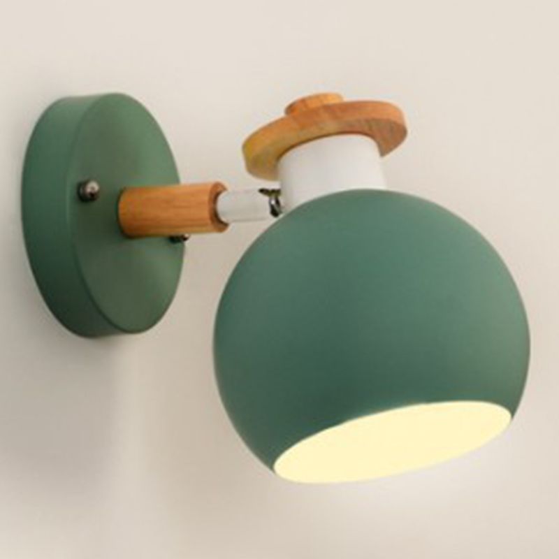 Metal Macaroon Globe Wall Lamp Single Bulb Nordic Wooden Mini Bedside Lamp with Adjustable Arm