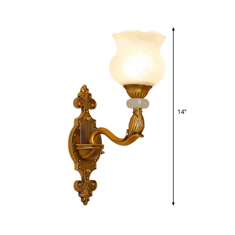 1/2-Bulb Floral Wall Light Fixture Classic Style Milk Glass Sconce Lamp with Brass Carved Backplate