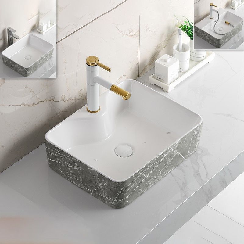 Modern Bathroom Sink Ceramic Marble Pattern Round Bathroom Sink with Pulling Faucet