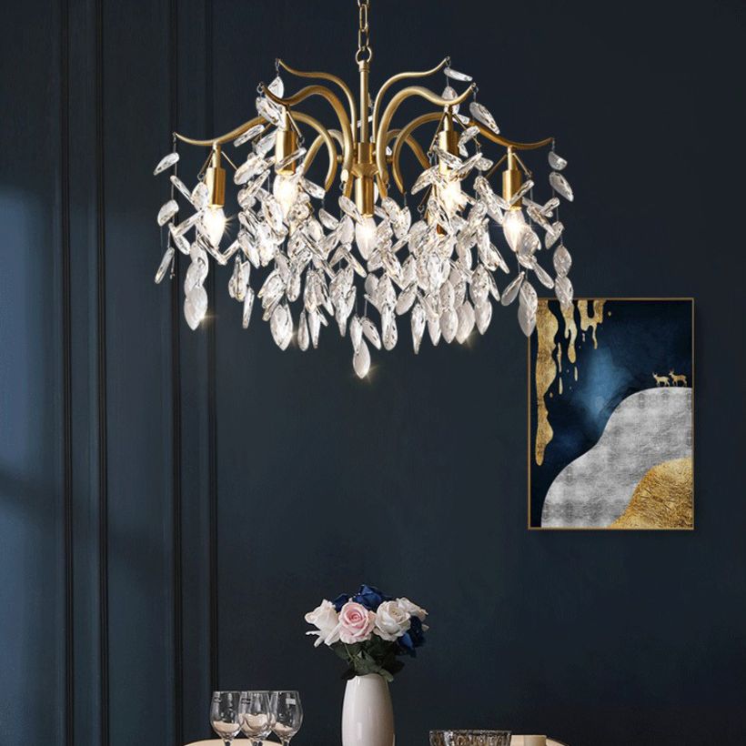 Gold Branches Suspended Lighting Fixture Rustic Crystal Living Room Chandelier Pendant Light