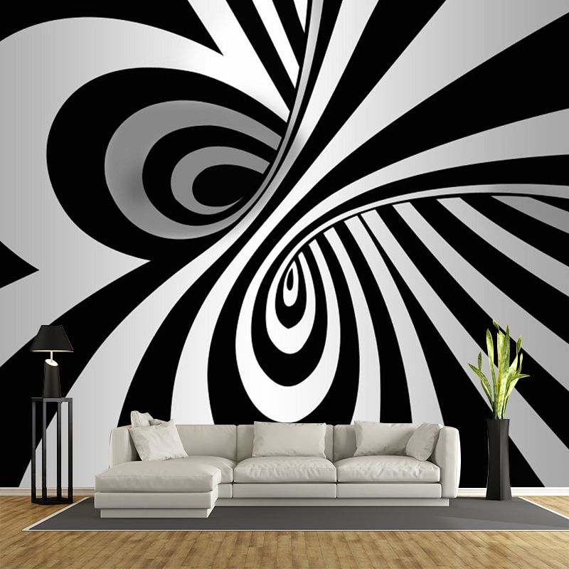 Modern Zebra Print Murals Wallpaper Black-White Spiral Wall Covering for Living Room