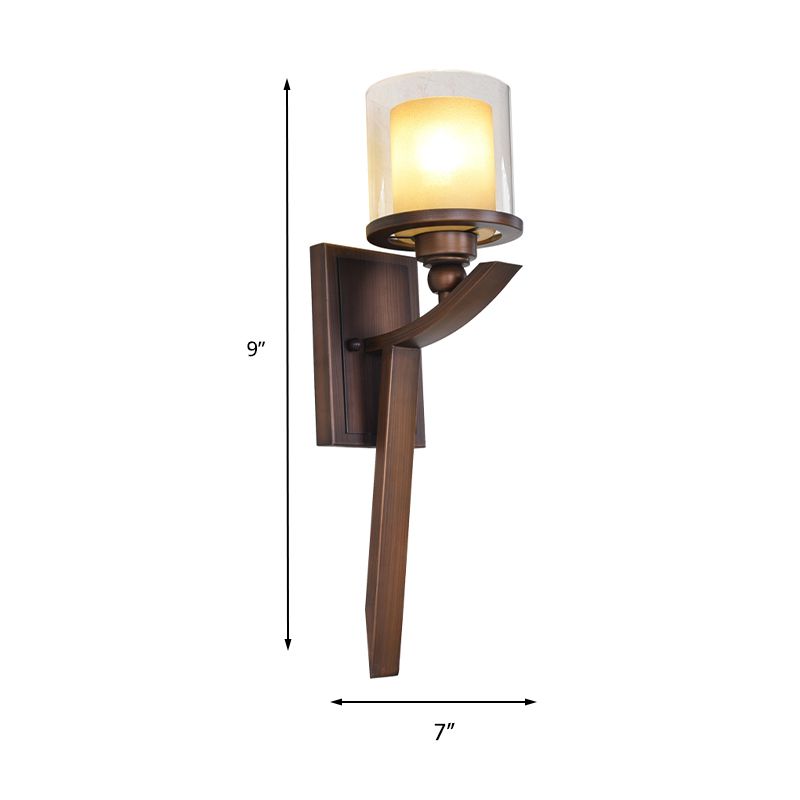Double-Layer Glass Brown Wall Cylinder 1-Bulb Vintage Wall Light Fixture for Bedroom