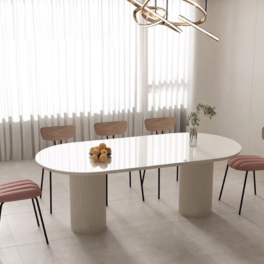 Contemporary Dining Table White Sintered Stone Double Pedestal Desk