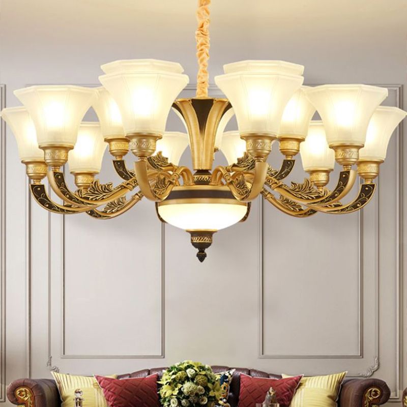 Retro Style Flared Suspension Light Cream Frosted Glass Chandelier Light for Living Room
