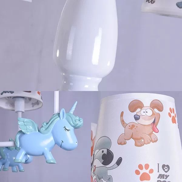Unicorn Child Bedroom Chandelier with Fabric Shade Metal 5 Heads Lovely Pendant Lamp