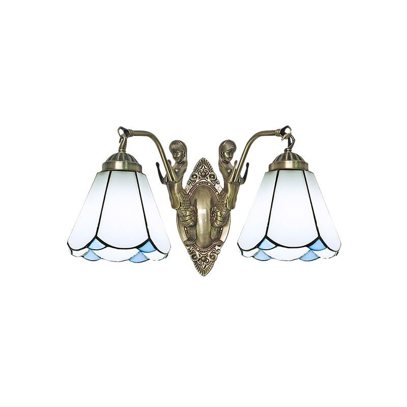 Mission Conic Wall Mount Lamp 2 Heads White/Beige Glass Sconce Light Fixture with Double Mermaid Arm