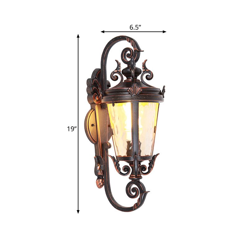 1-Head Wall Mounted Light Cottage Patio Sconce Lamp with Lantern Amber Dimple Glass Shade in Black