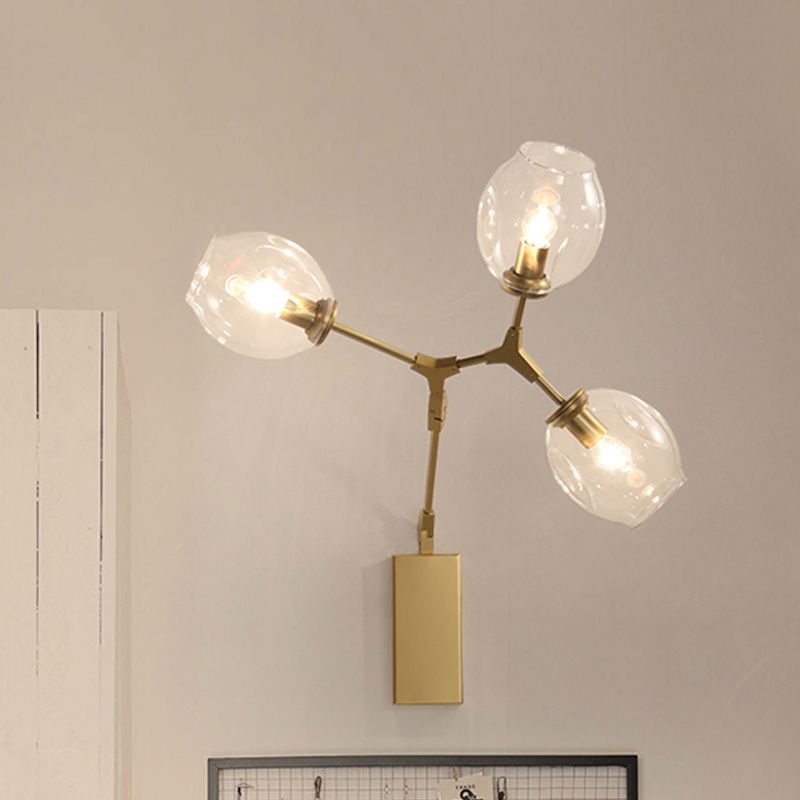 Metal Branch Sconce Light Fixture Post Modern 3 Bulbs Wall Lamp in Gold with Bud Dimpled Clear Glass Shade