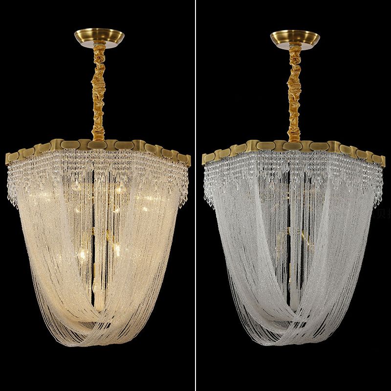 Tassel Chain Chandelier Lighting Metal Triple Light Crystal Shade Foyer Pendant Lamp