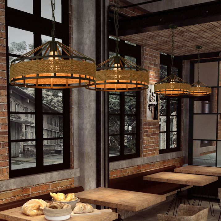 Drum Hanging Lamp Industrial Natural Manila Rope Decorative Pendant Light for Living Room