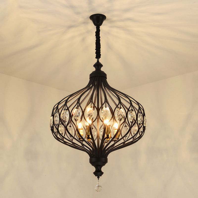 Modern Lantern Metal Pendant Light 4/5 Light Chandelier Light in Black/Brass with Faceted Crystal Accent