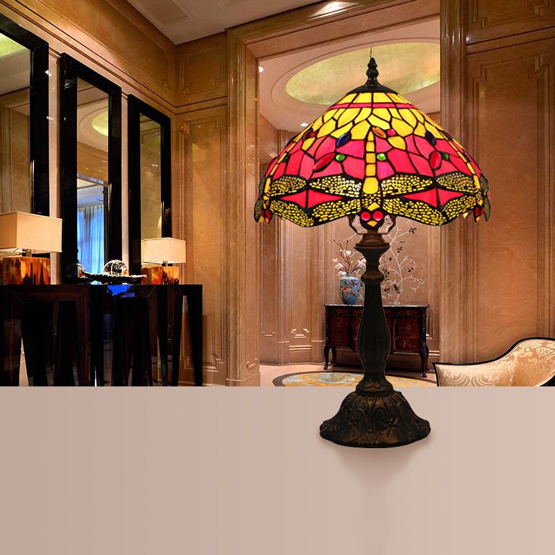 Dragonfly Tischlampe Retro gefärbte Glas 1-Licht-Akzentlampe im antiken Bronze Finish für das Studium
