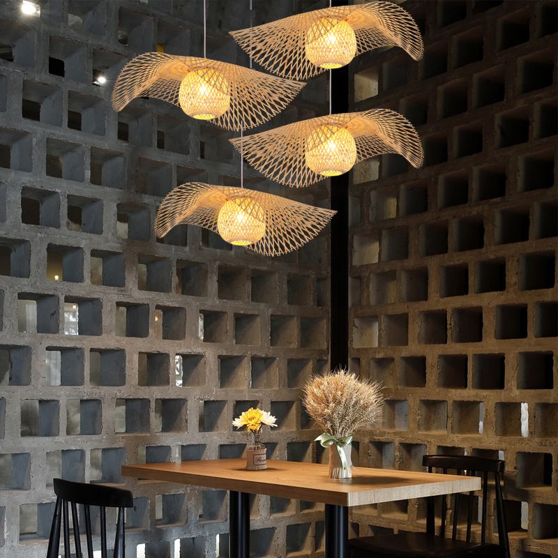 Shaded Pendant Lighting Fixture Asia-Style Bamboo Beige Suspension Pendant Light