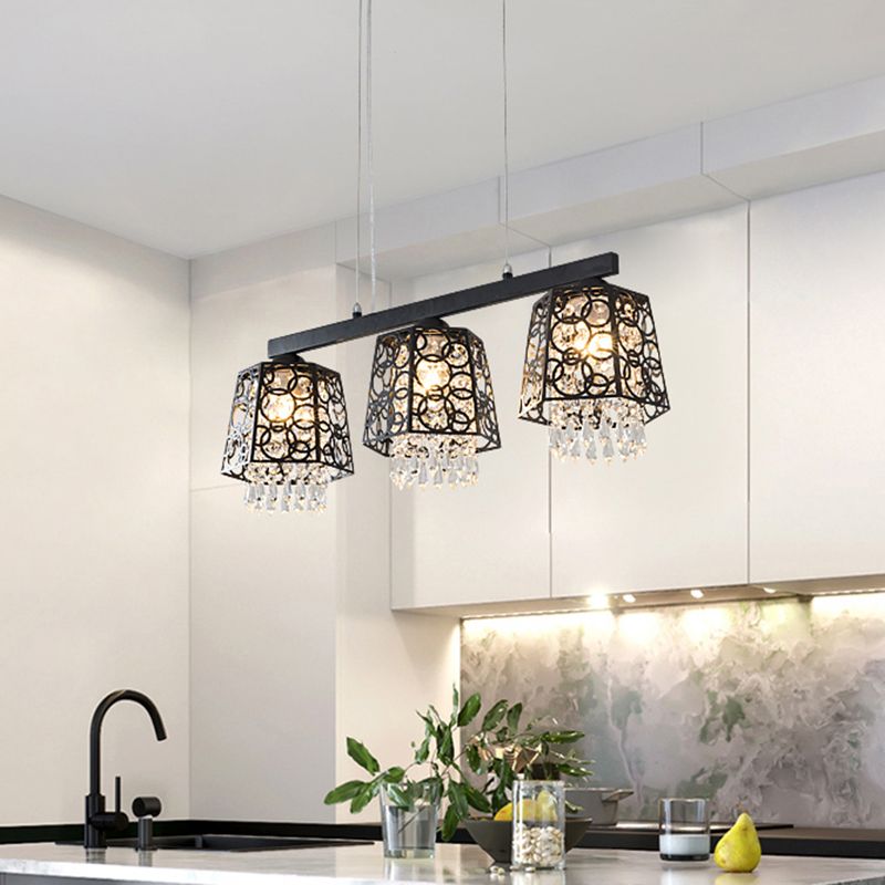 Black Ironic Ombre Isola Isola Luce Modern Crystal Droplet 3 Heads Cucina Lampada a sospensione