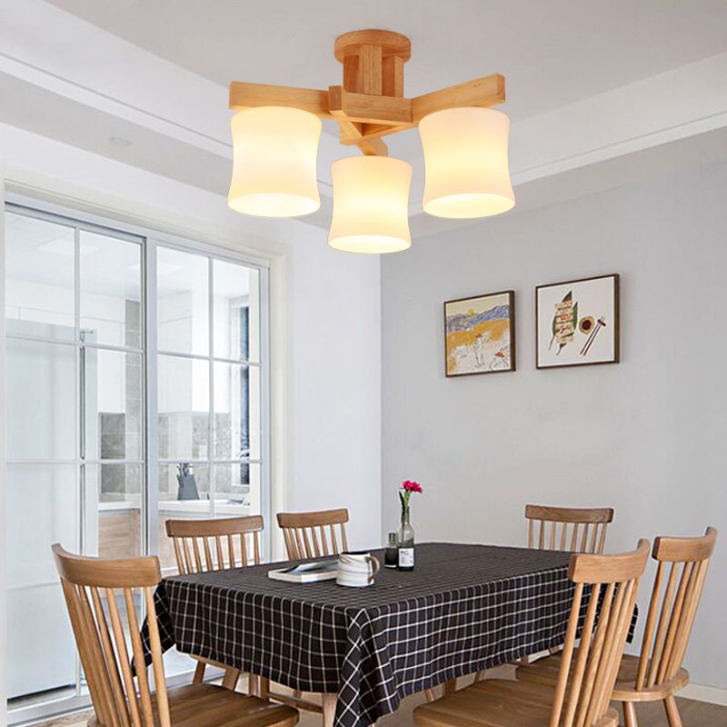 Lámpara semi empotrada cilíndrica de vidrio opal, montaje empotrado en techo beige contemporáneo con dosel de madera