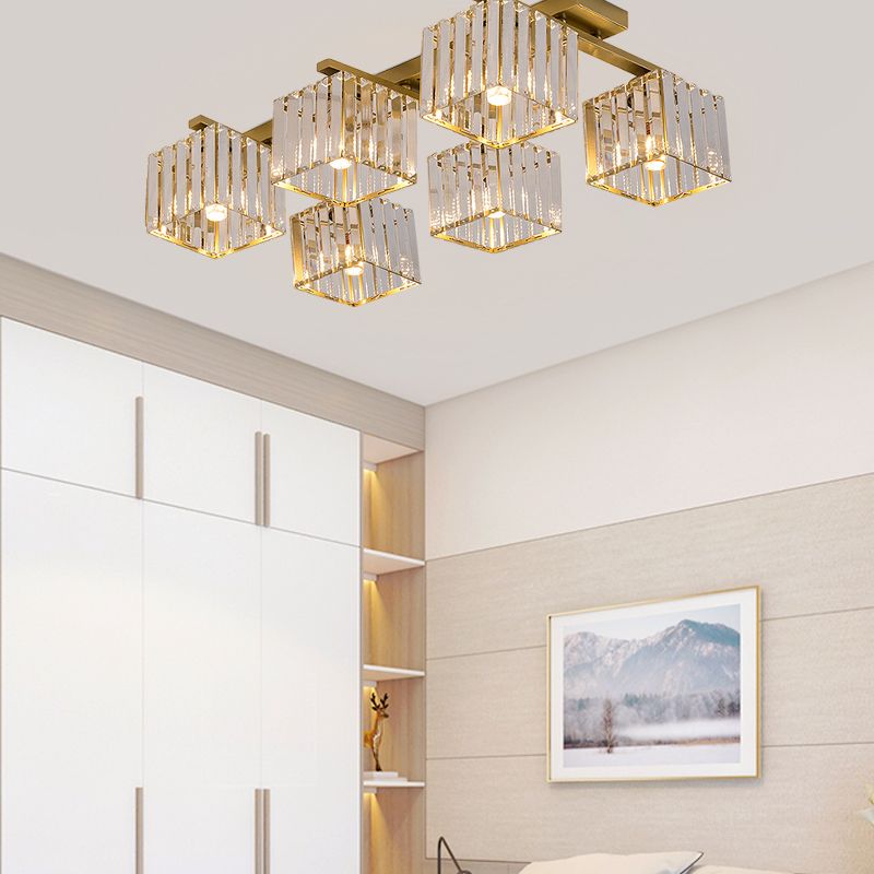 Accesorio de techo para sala de estar, barra de cristal de tres lados, cuadrado moderno, semiempotrado, 4/6/9 luces, en dorado/negro