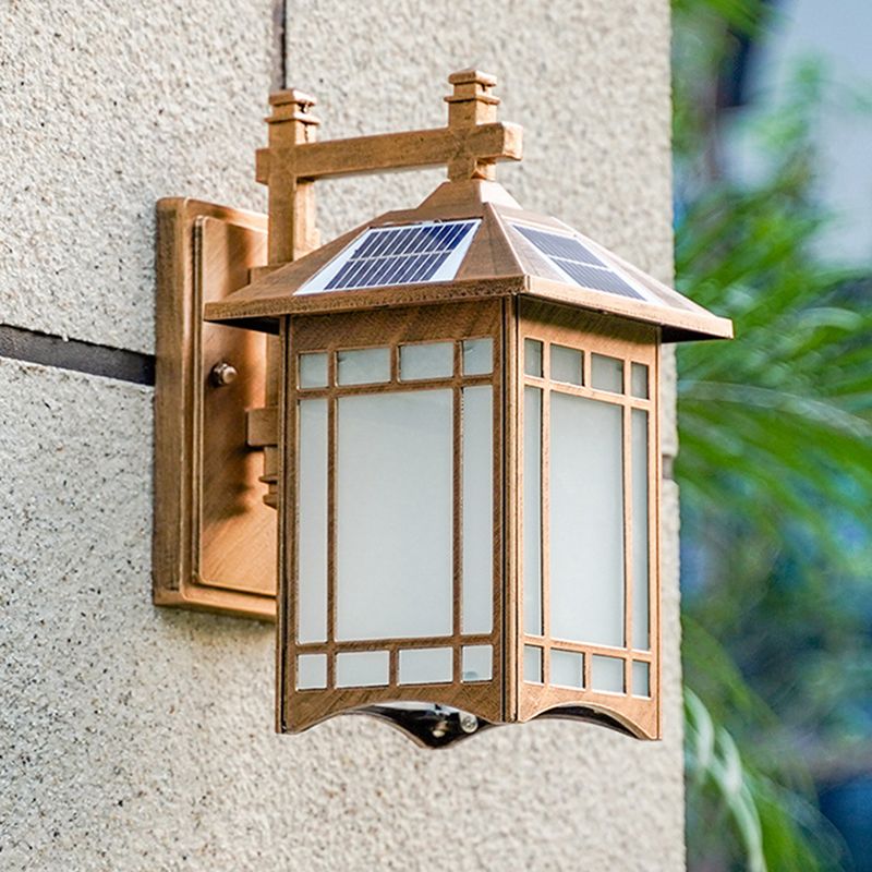 Solar Operated LED House Sconce Light Country Black/Brass Frosted Glass Wall Mounted Light Fixture