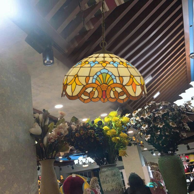 Beige 1 Head Suspension Light Antique Stained Glass Flower Shade Pendant Lighting Fixture
