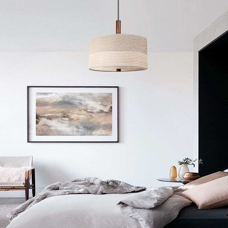 Modernism Drum Chandelier , Cotton And Linen Shade, Adjustable Chain with Wood Accents