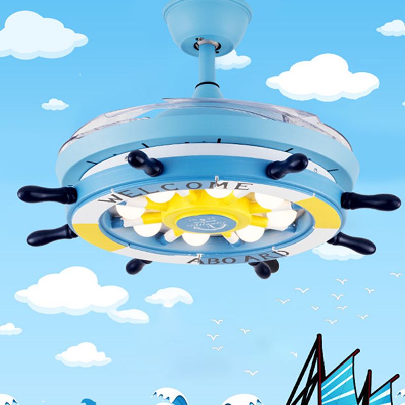 42" Cartoon Rudder Ceiling Fan Lamp Metallic Child Room LED Semi Flush Light