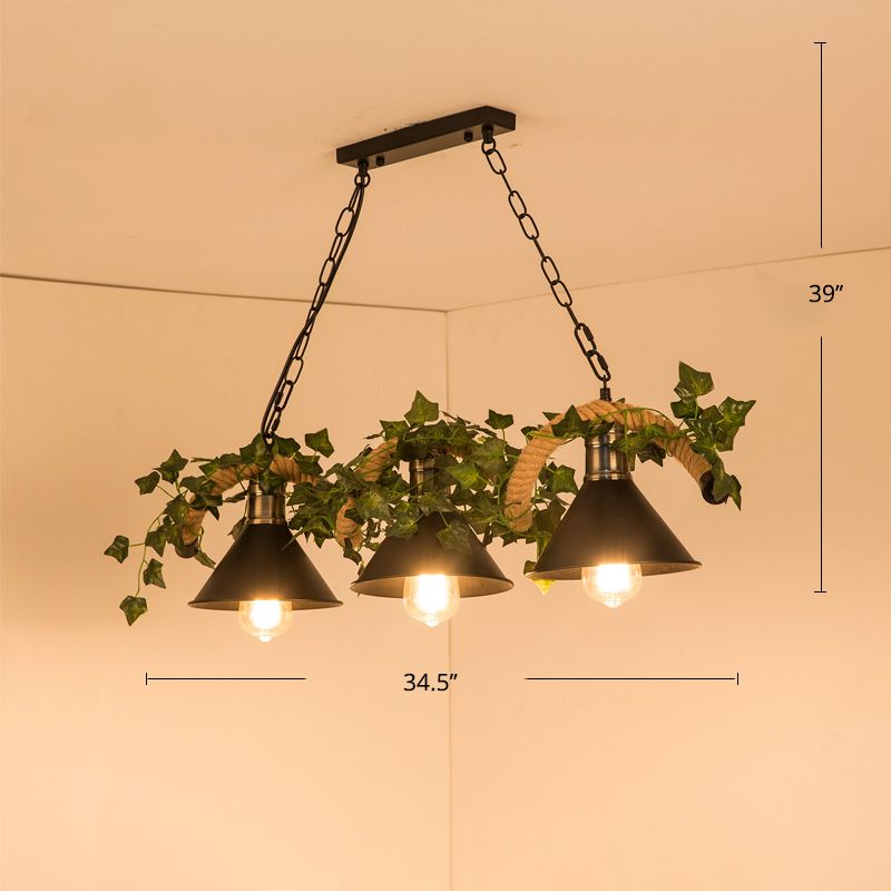 Farmhouse Shaded Pendant Lamp Metallic Hanging Island Light with Faux Plant in Green