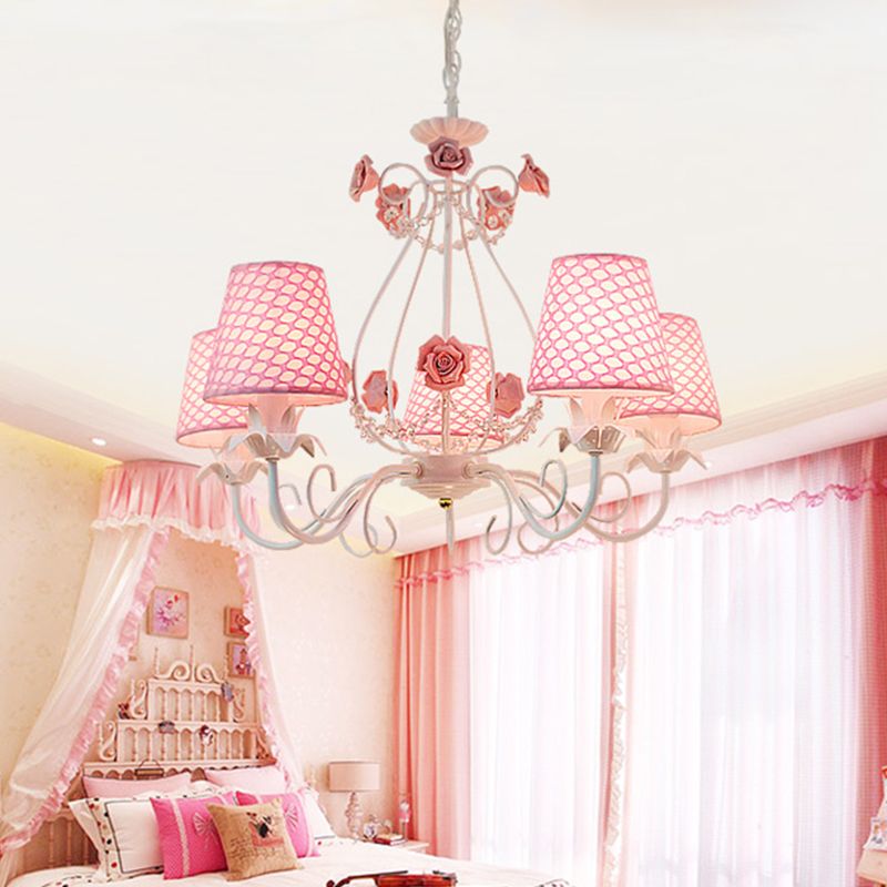 Countryside Barrel Chandelier Lighting Fixture 5 Heads Fabric Pendant Ceiling Light in Pink/White