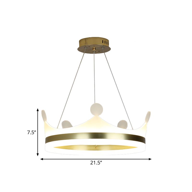 Kids Crown Hanging Lamp Metallic Girls Bedroom LED Chandelier Light in Gold, Warm/White Light