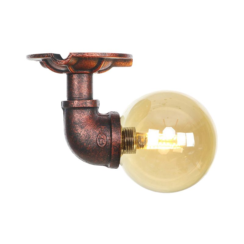 Antiqued Global Iluminación semi empotrada 1 bombilla LED de vidrio ámbar cerca del techo en cobre