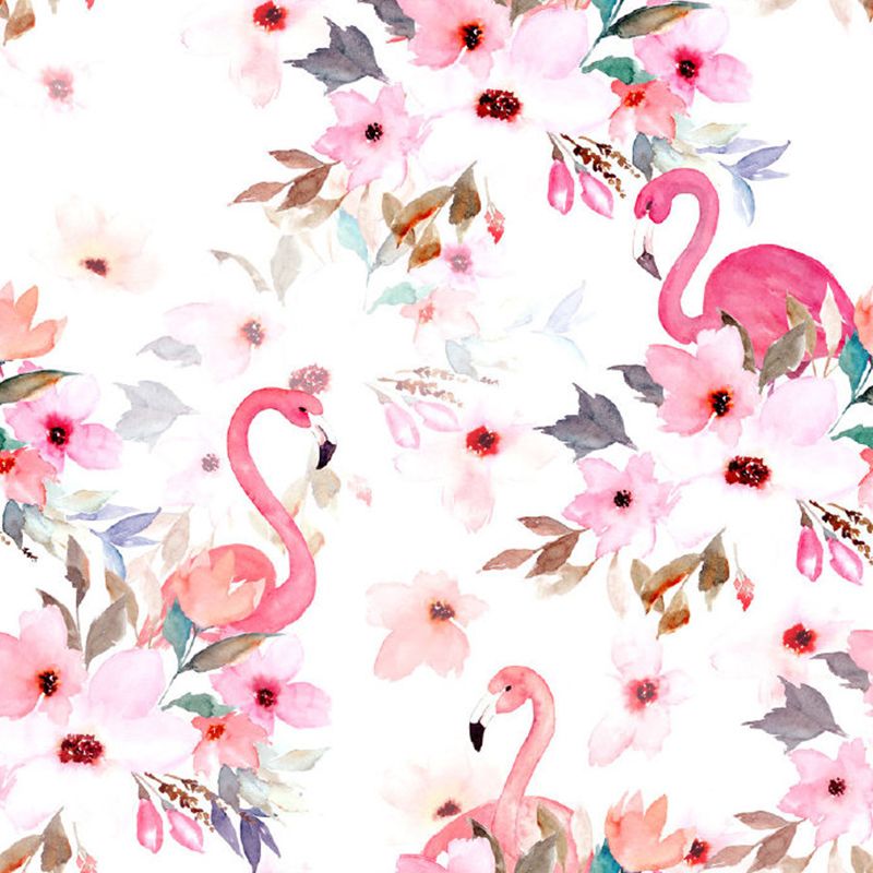 Flamingo Flower Print Wall Murals Tropical Non-Woven Fabric Wall Decor in Pink for Home