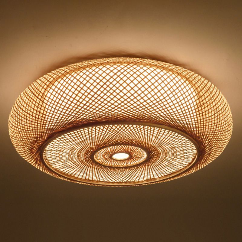 Lámpara de techo de montaje empotrado de tambor curvo de estilo moderno, iluminación de montaje empotrado de bambú Beige para sala de estar