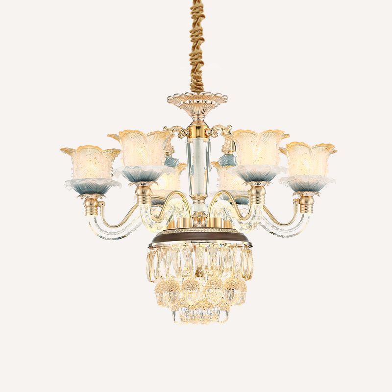 Flower Crystal Hanging Ceiling Light Traditional 8-Bulb Living Room Chandelier Lamp in Gold