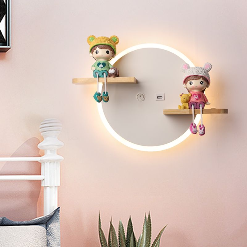 LED Circle Wall Sconce Nordic Wooden Kids Bedroom Wall Light with Shelf and Figurine