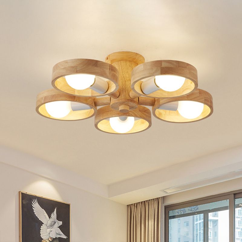 Ring Shaped Semi Flush Chandelier Simplicity Wooden Bedroom Flush Mount Ceiling Light