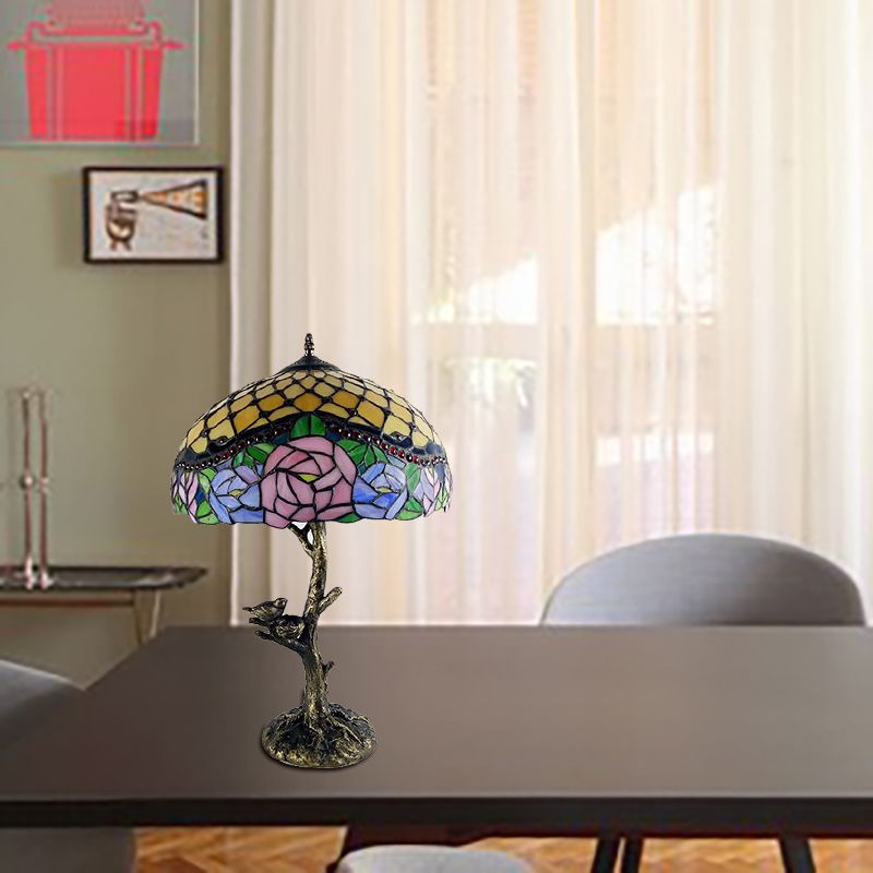 Stained Glass Brass Table Light Leaf/Rose/Peony Single Head Tiffany Style Nightstand Lamp for Bedroom