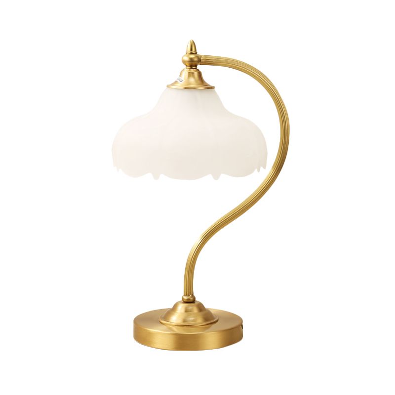 1-Head Living Room Table Lamp Post-Modern Brass Metal Night Lighting with Flower Opal Glass Shade
