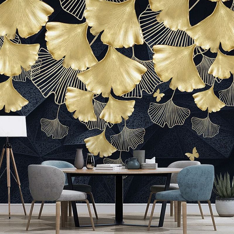 Gold Ginkgo Wall Covering Stain-Resistant Wall Mural for Living Room
